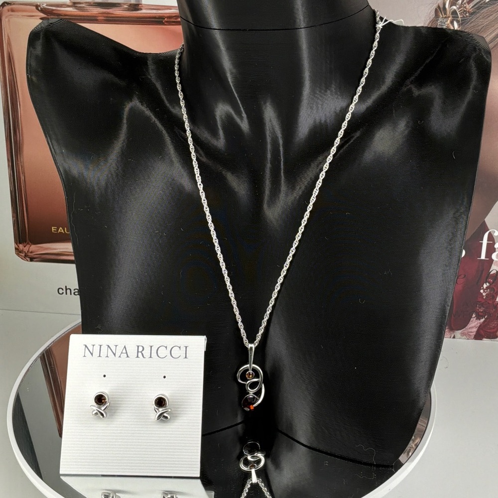 Nina Ricci Silver and Brown Necklace and Earring Set- NWT P56
